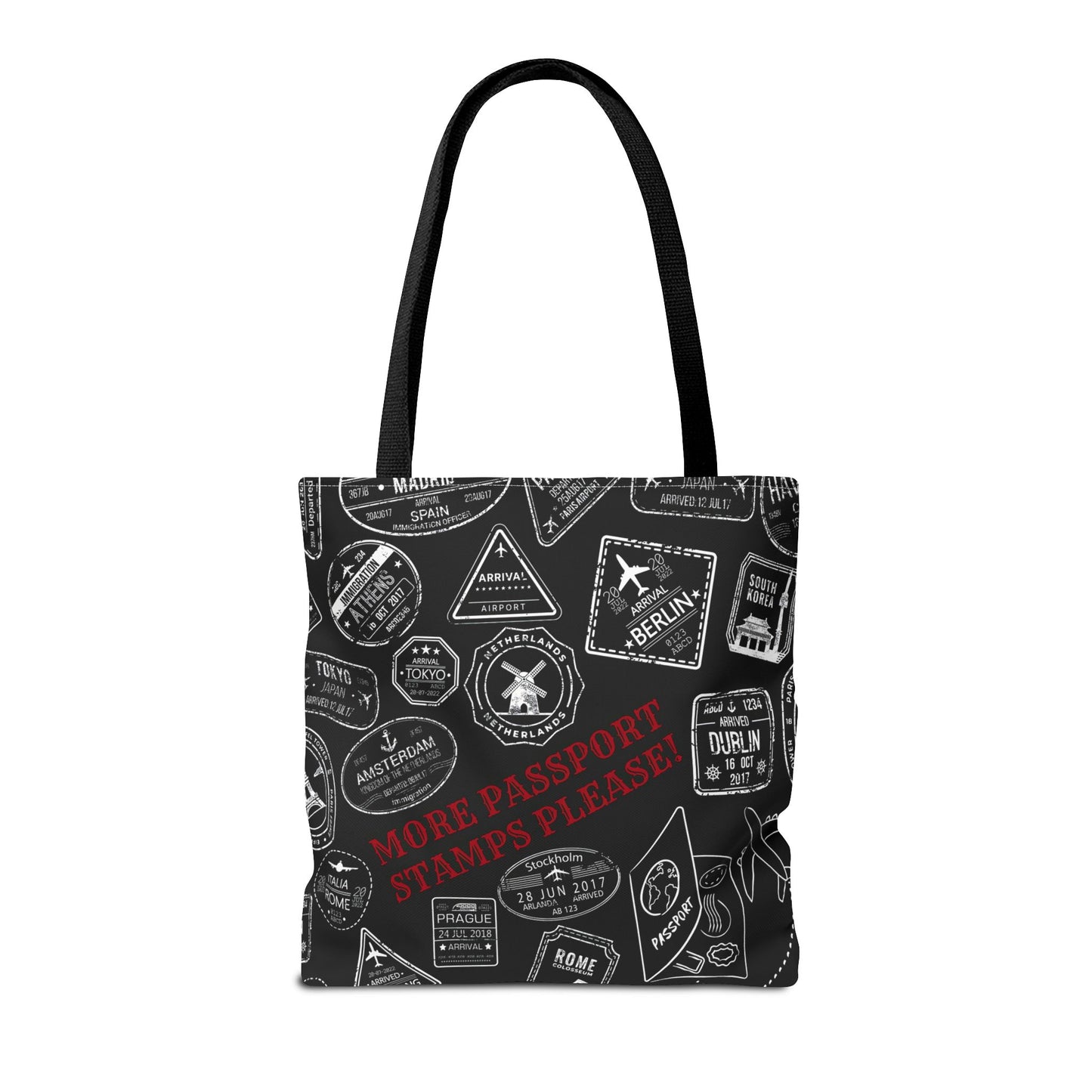 More Passport Stamps (blk) Tote Bag (AOP)