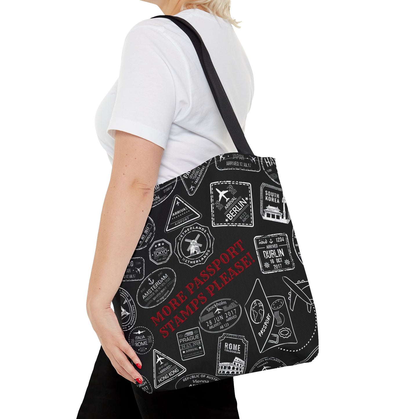 More Passport Stamps (blk) Tote Bag (AOP)