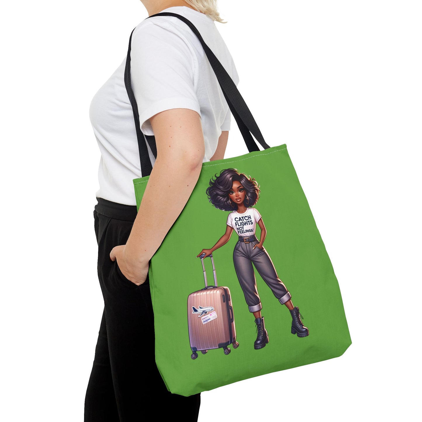 Catch Flights NOT Feelings Green Tote Bag (AOP)