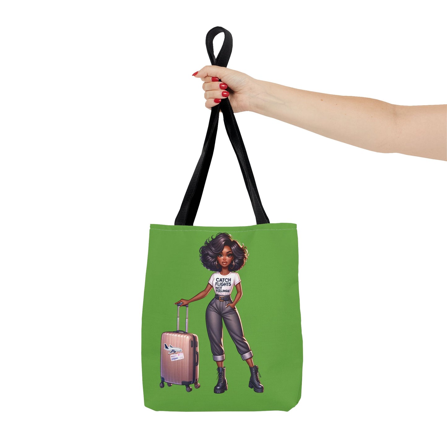 Catch Flights NOT Feelings Green Tote Bag (AOP)