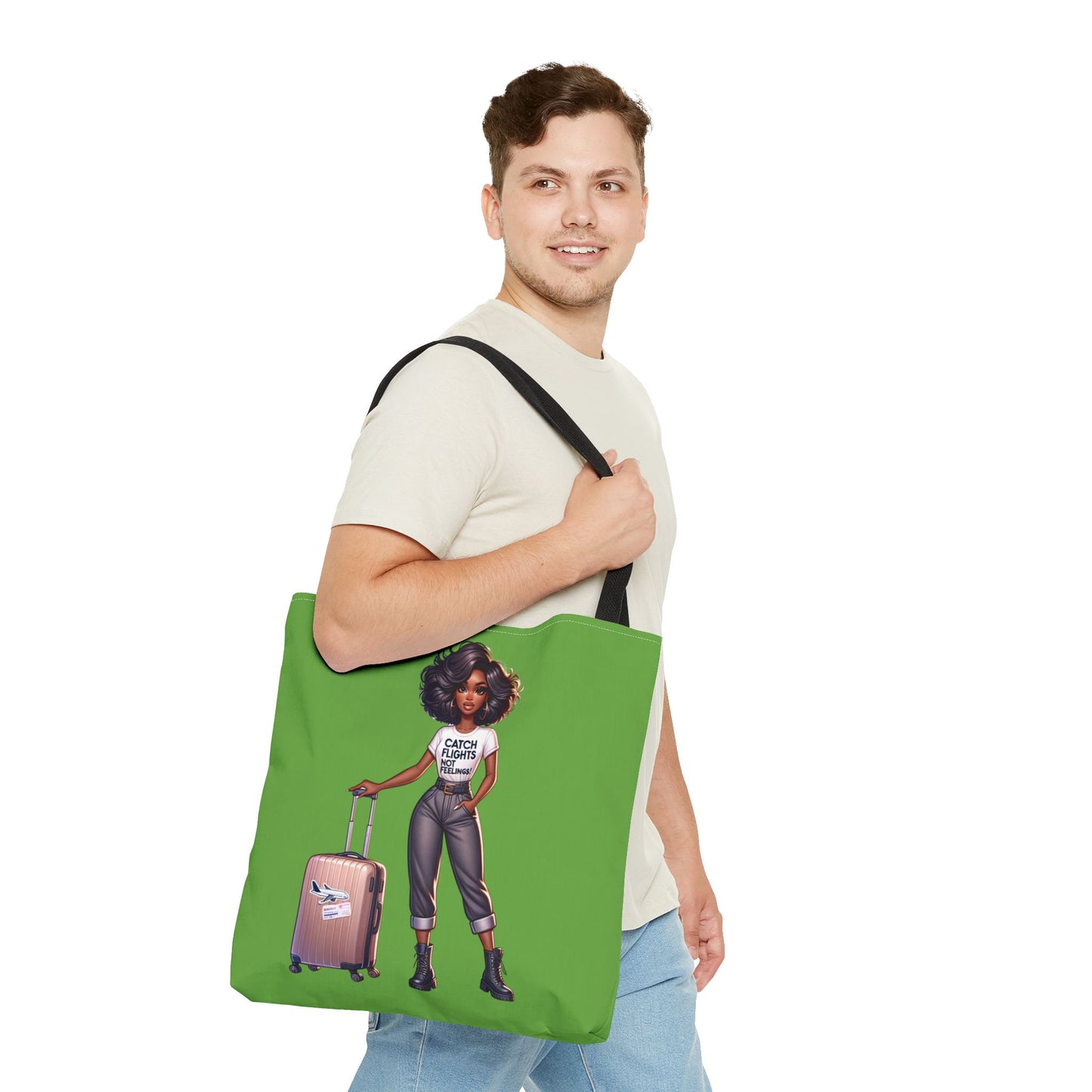 Catch Flights NOT Feelings Green Tote Bag (AOP)