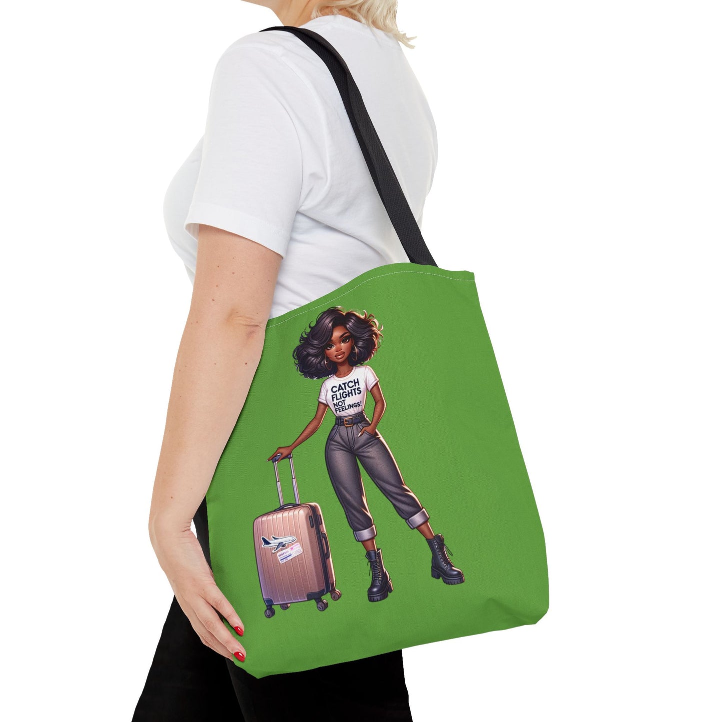 Catch Flights NOT Feelings Green Tote Bag (AOP)